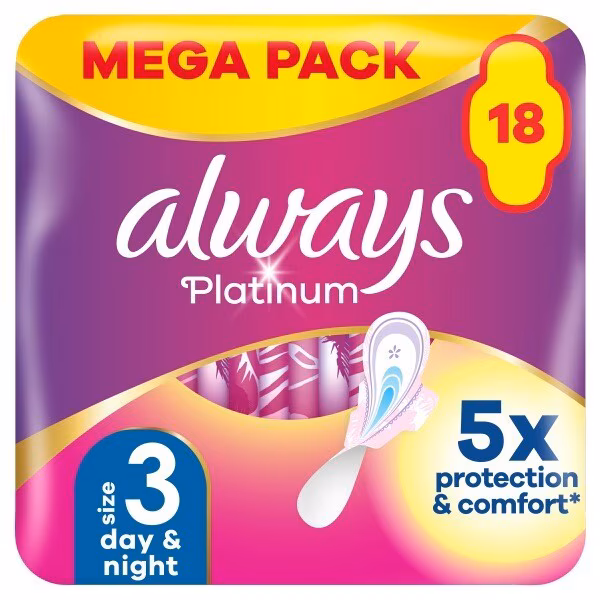 Always Platinum Day & Night (Size 3) Sanitary Towels 18 Pads