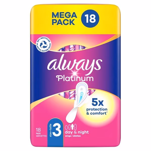 Always Platinum Day & Night (Size 3) Sanitary Towels 18 Pads
